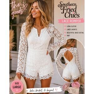 Southern Fried Chics White Lace Long Sleeve Romper Boho Bridal L NWT